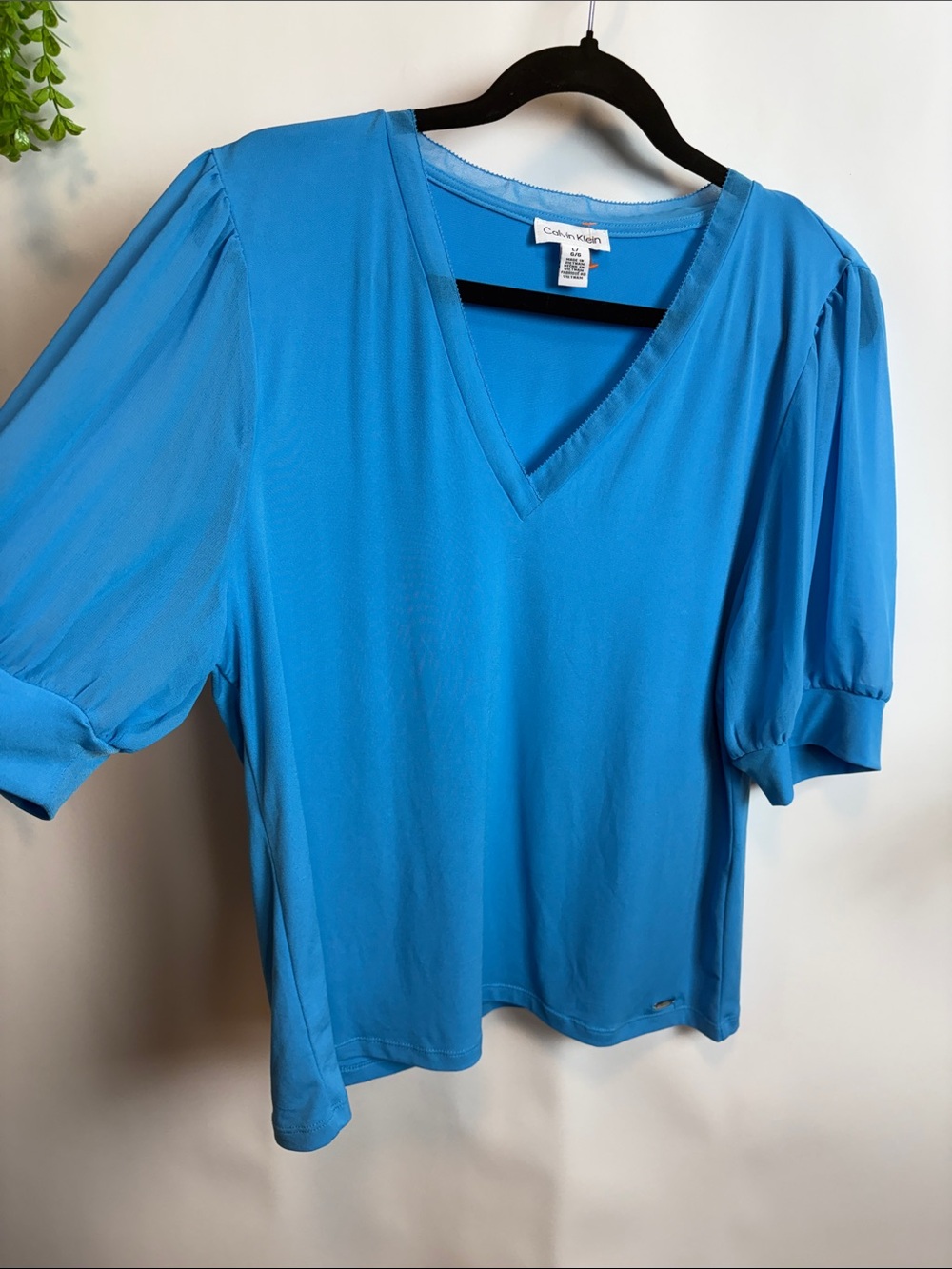 Calvin Klein Bright Blue V-Neck Puff Sleeve Top